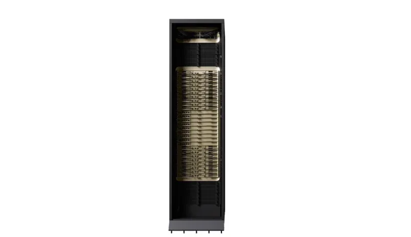 NVIDIA Vera Rubin NVL72 機櫃官方示意圖,展示分層放置嘅 compute tray 同 NVLink switch tray
