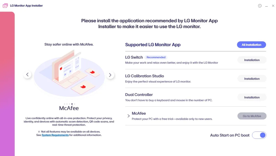 Microsoft Store 上 LG Monitor App Installer 嘅介面截圖,顯示可安裝支援 app 嘅清單