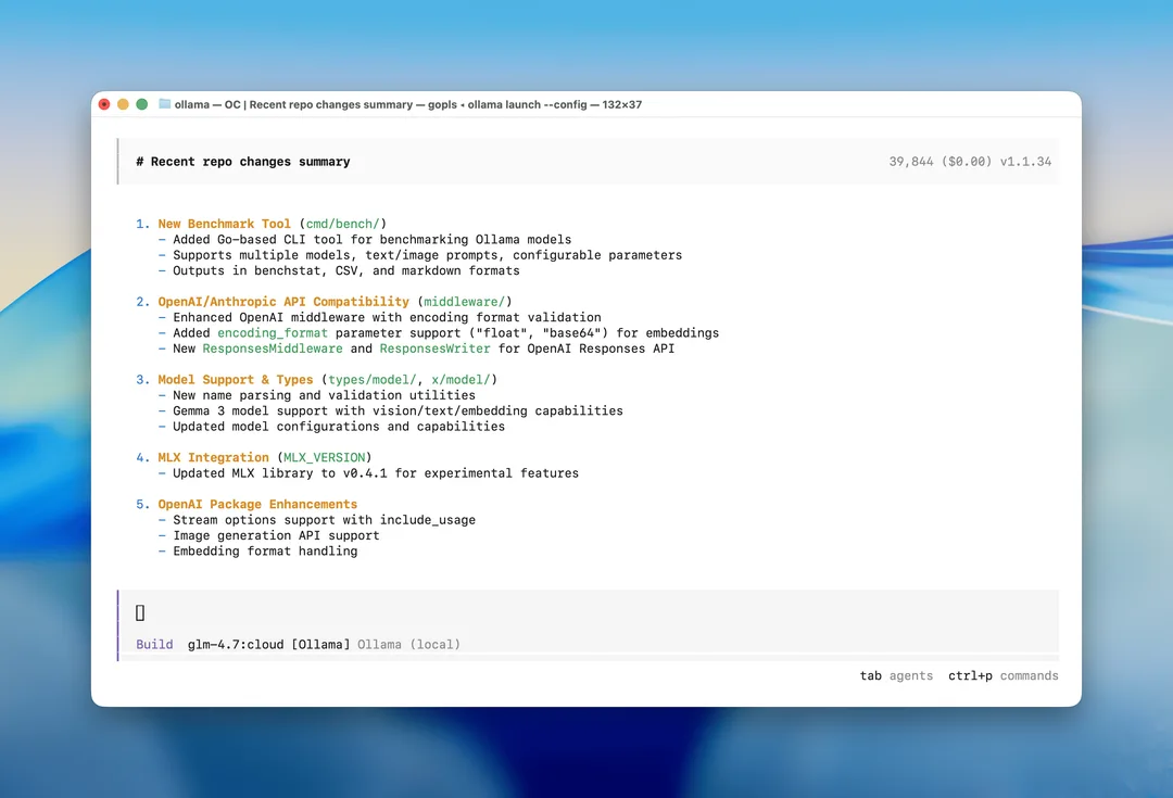 Mac 終端機入面嘅 OpenCode,經 Ollama 讀取 repo 改動並整理摘要