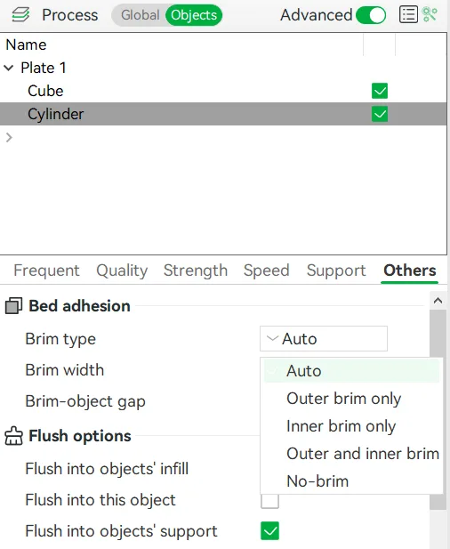 Bambu Studio 物件設定畫面，顯示 brim 類型同 flush options