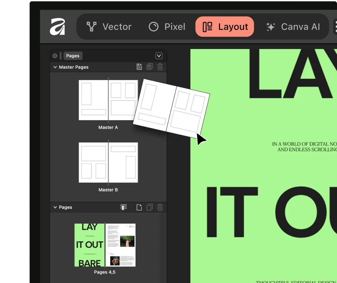 Affinity Windows 版下載頁示範排版介面,畫面有綠色雜誌版面同 master pages