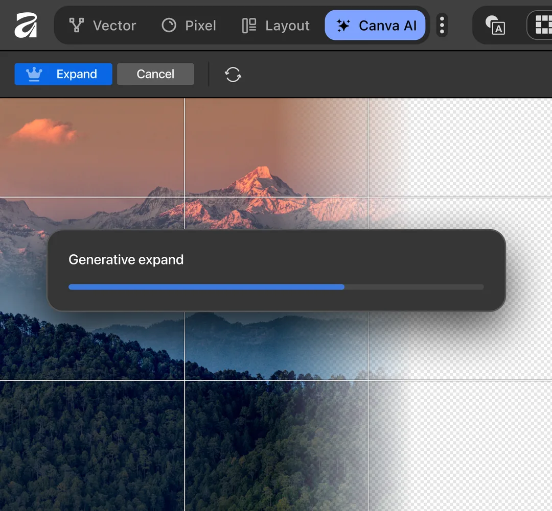 Canva AI 喺 Affinity 相關頁展示 Generative Expand 進度畫面