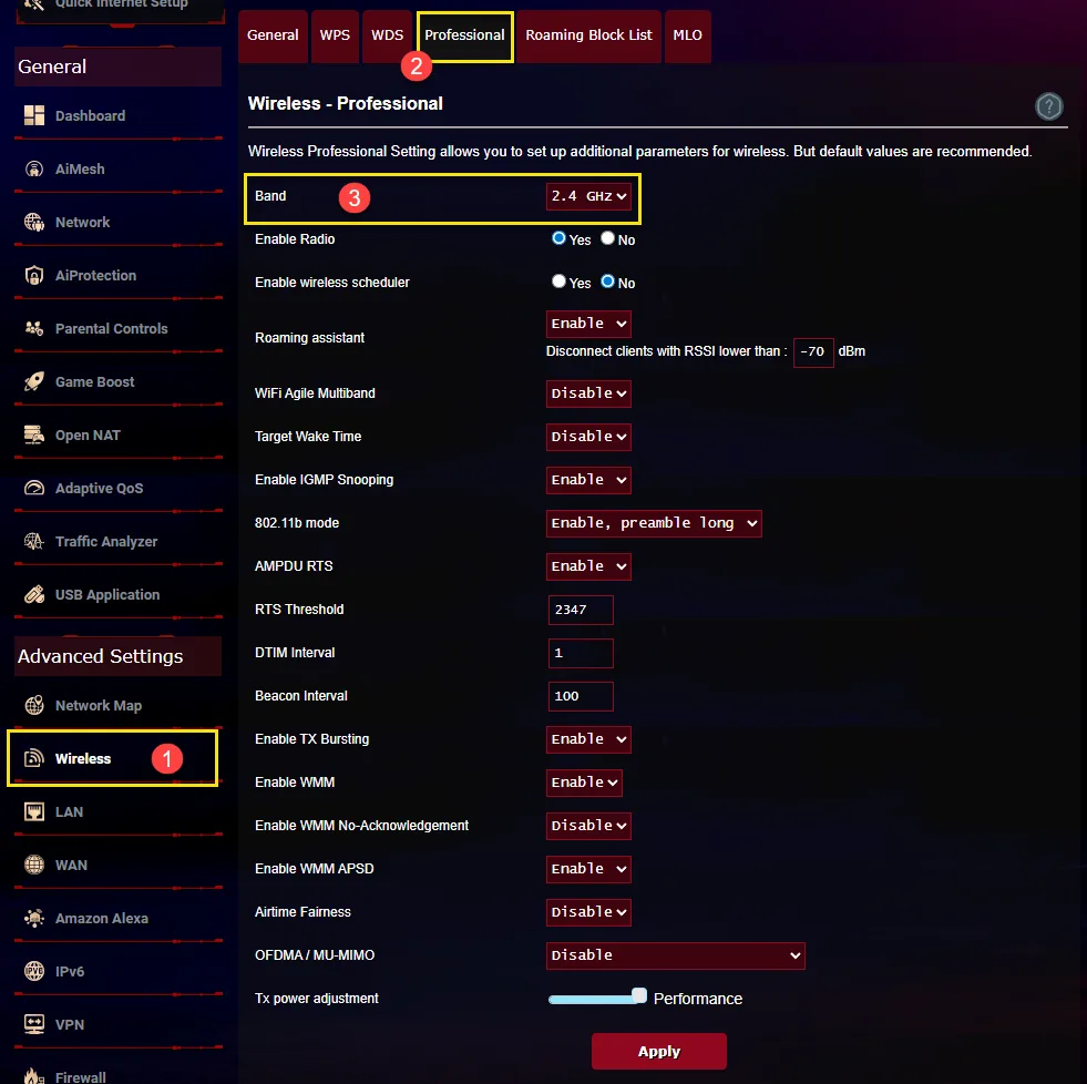 ASUS router 後台 Wireless Professional 頁面,可分頻段開關 Airtime Fairness