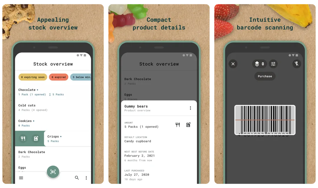 Grocy Android 官方配圖，展示手機管理屋企存貨同購物清單