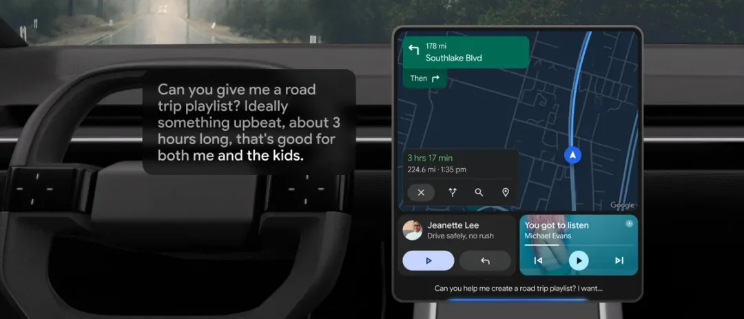 Android Auto 畫面用 Gemini 語音要求建立適合一家人嘅 road trip playlist