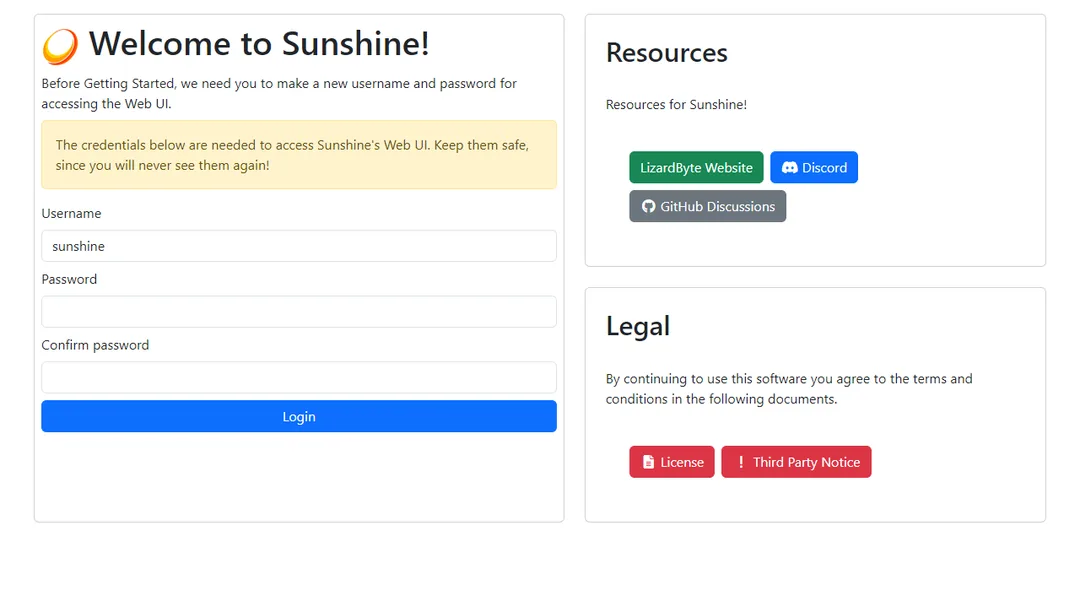 Sunshine 初次設定帳戶嘅官方截圖