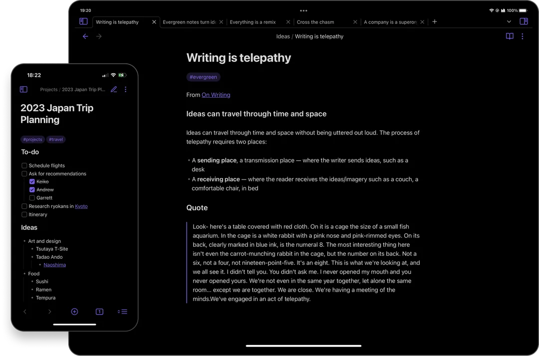 Obsidian 喺 iPhone 同 iPad 顯示筆記、標籤、清單同多個分頁