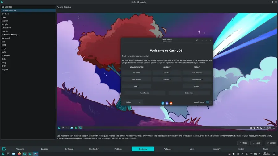 桌面版 CachyOS 預覽畫面,展示 Linux 桌面同終端機介面