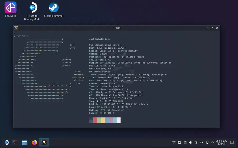 手提遊戲機版 CachyOS 預覽畫面,展示 GameMode 風格 UI