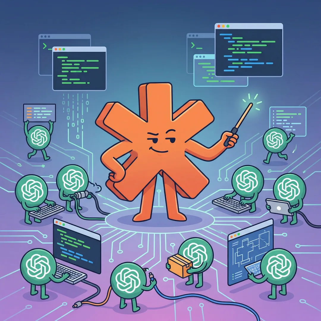 橙色指揮角色分派多個 Codex agent 喺唔同 terminal 工作嘅插畫