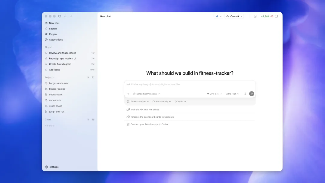 Codex app 顯示 project sidebar 同新 chat prompt 介面