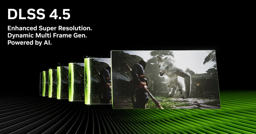 Nvidia DLSS 4.5 官方示意圖,畫面展示多重 AI frame 同遊戲畫面層疊
