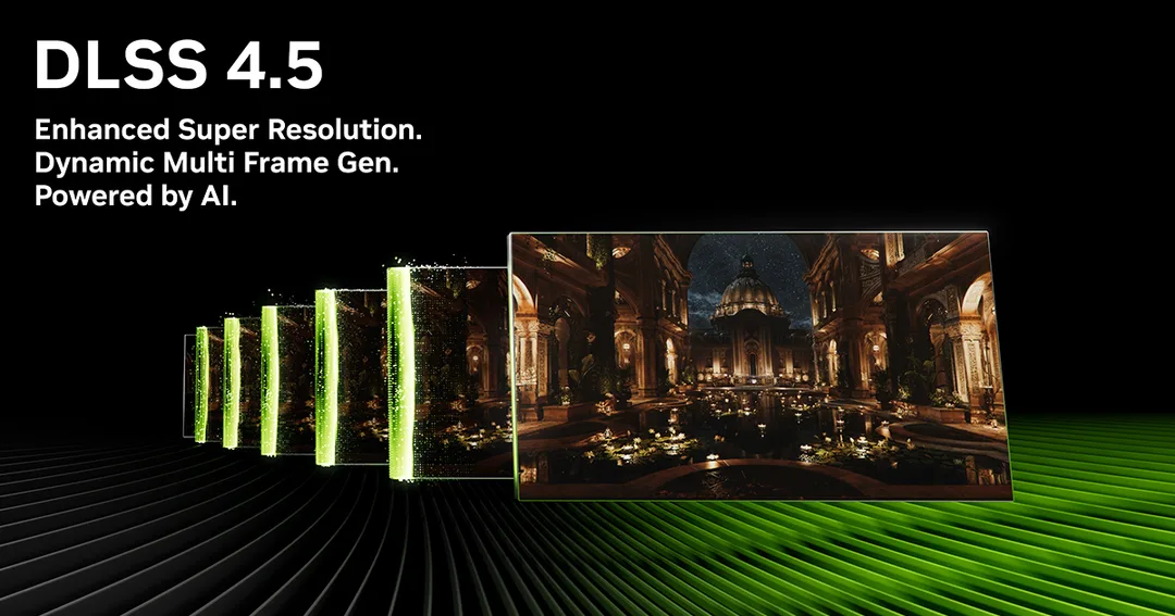 NVIDIA 官方 DLSS 4.5 新功能配圖,展示 AI upscaling 同 frame generation 方向