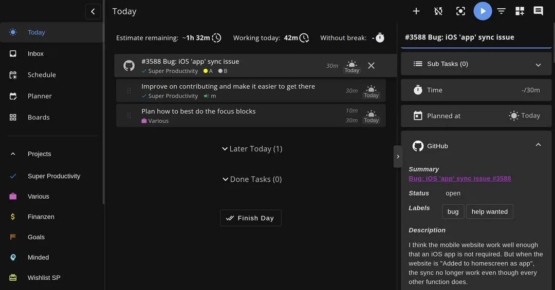 Super Productivity 深色介面,左邊係任務清單,右邊係 GitHub 任務詳情
