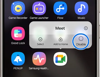 Galaxy 預載 app 選單顯示停用按鈕
