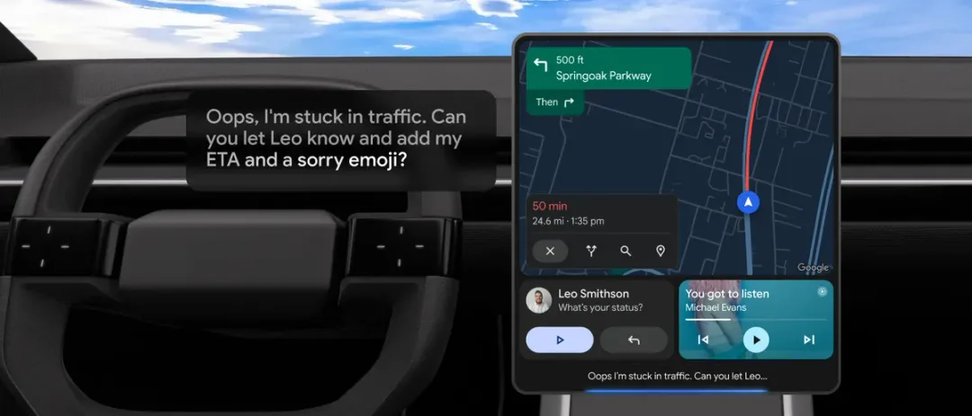 Android Auto 一邊顯示 Google Maps 導航，一邊由 Gemini 處理塞車訊息同回覆