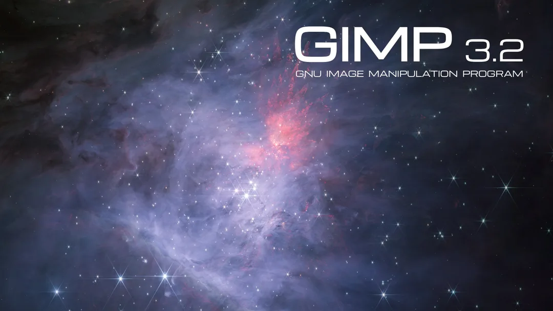 GIMP 3.2 官方啟動畫面，以太空星雲相片做背景