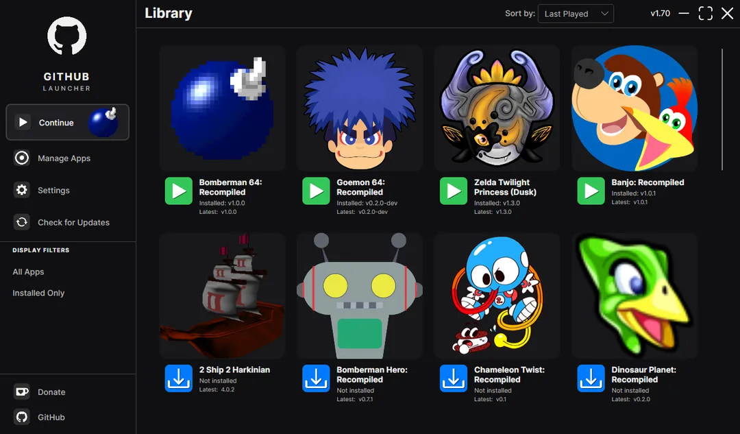 GitHub Launcher 介面顯示可下載同管理嘅 GitHub 遊戲專案