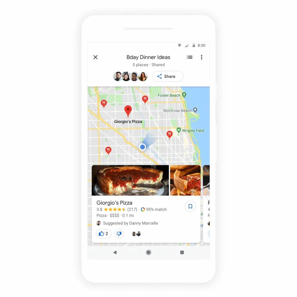 Google 2018 年展示多人喺 Maps 地點清單投票嘅官方示範畫面