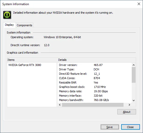 NVIDIA Control Panel 入面顯示 Resizable BAR 已開嘅系統資訊畫面