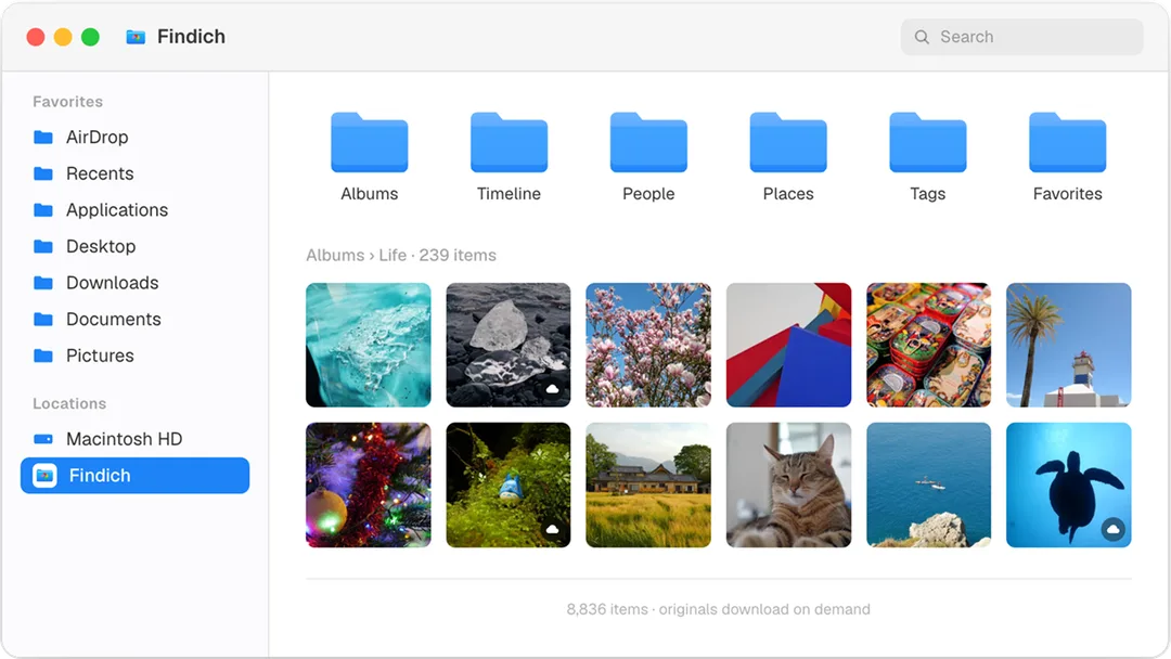 Findich 喺 macOS Finder 側欄展示 Immich 相簿、人物、地點同時間線資料夾