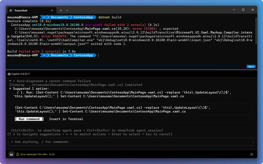 Intelligent Terminal 偵測 command error 後提示修正嘅官方截圖
