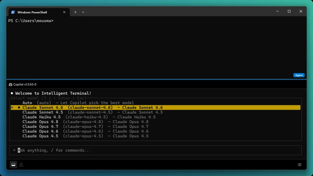 Intelligent Terminal 入面用 model picker 揀模型嘅官方截圖