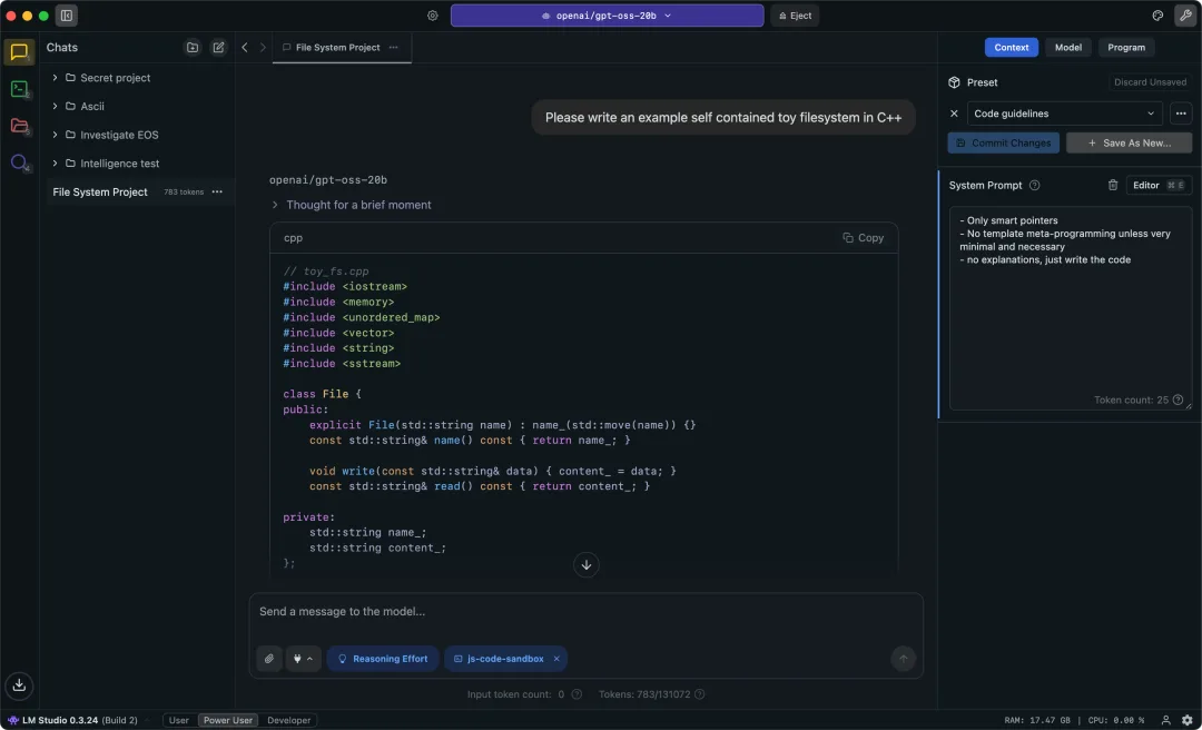LM Studio app 介面,展示本機模型用嚟寫 code 同調校 context