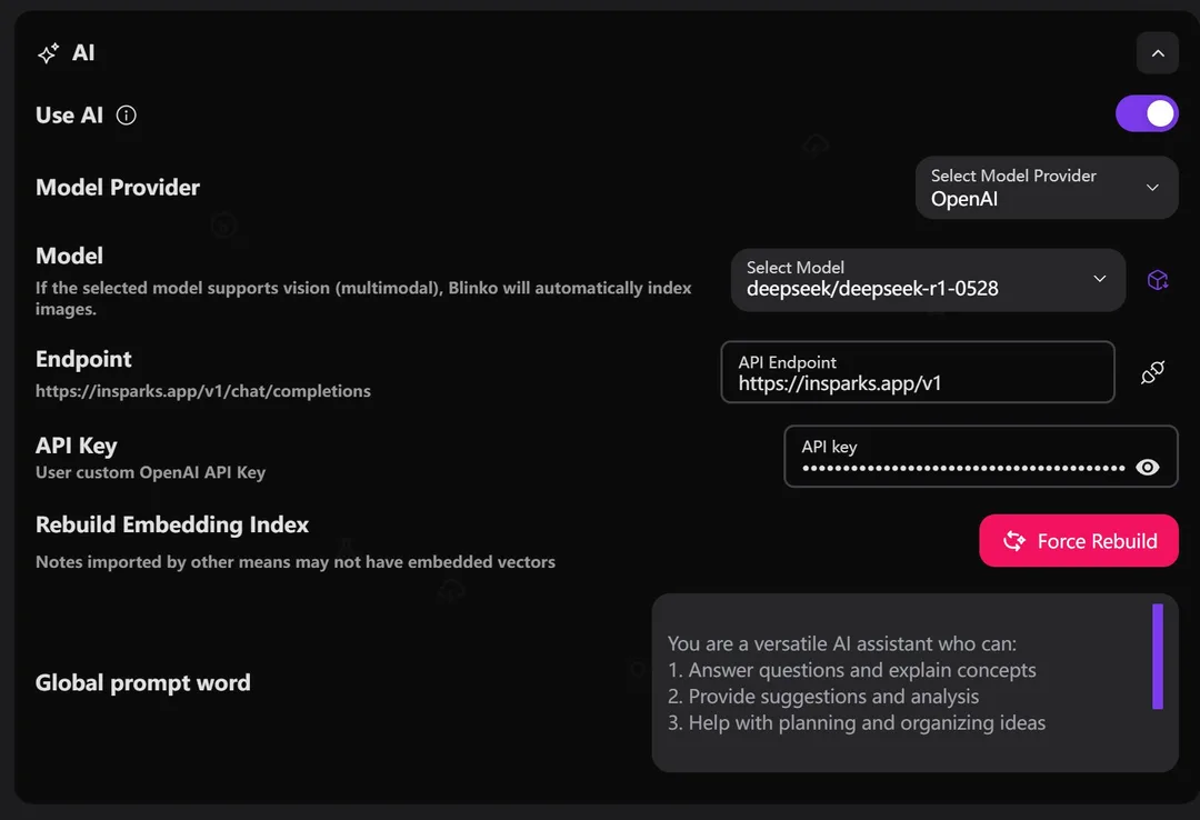 Blinko AI 設定頁,可揀模型供應商、模型、API endpoint,同重建筆記 embedding 索引