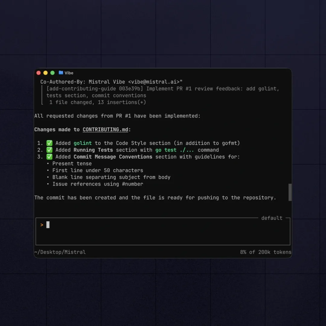 Mistral Vibe coding agent 處理程式碼工作嘅產品示意圖