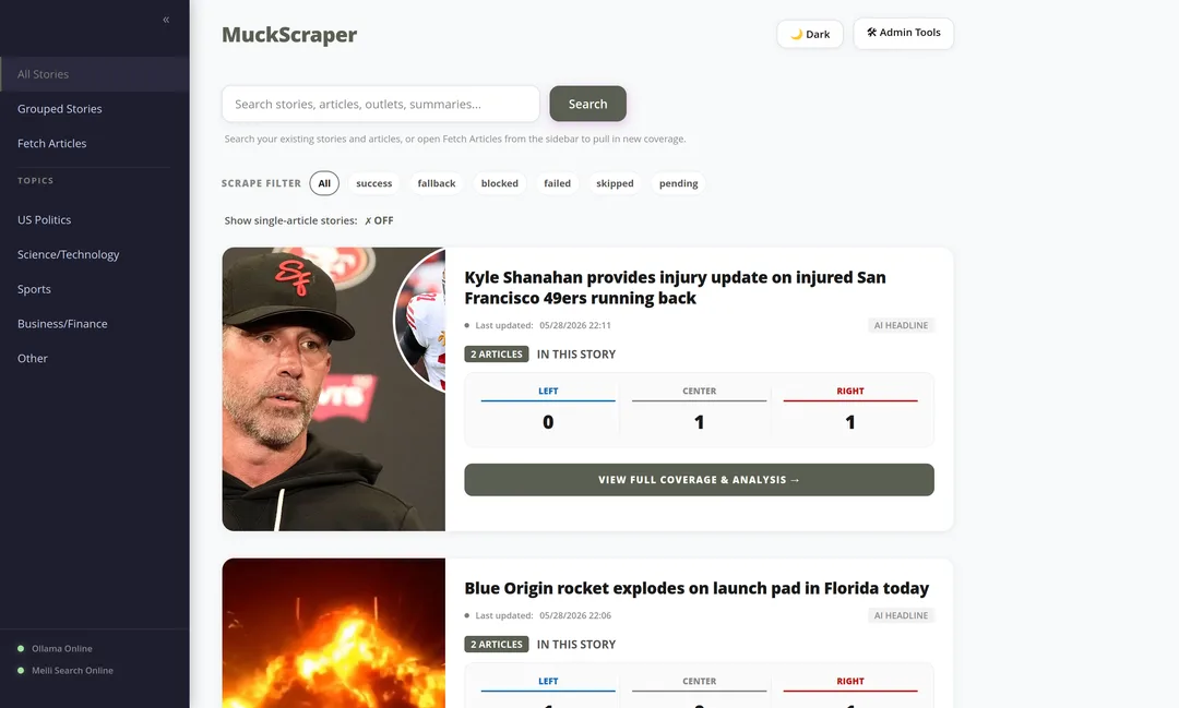 MuckScraper 淺色模式主頁,新聞按事件整理成卡片
