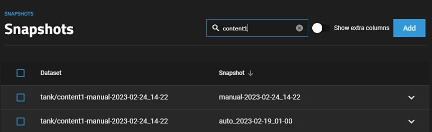 TrueNAS 嘅 Snapshots 列表畫面,可以見到唔同時間點嘅 snapshot
