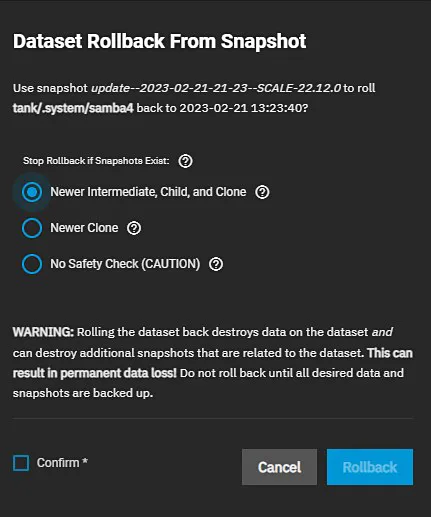 TrueNAS rollback snapshot 前嘅確認同警告畫面