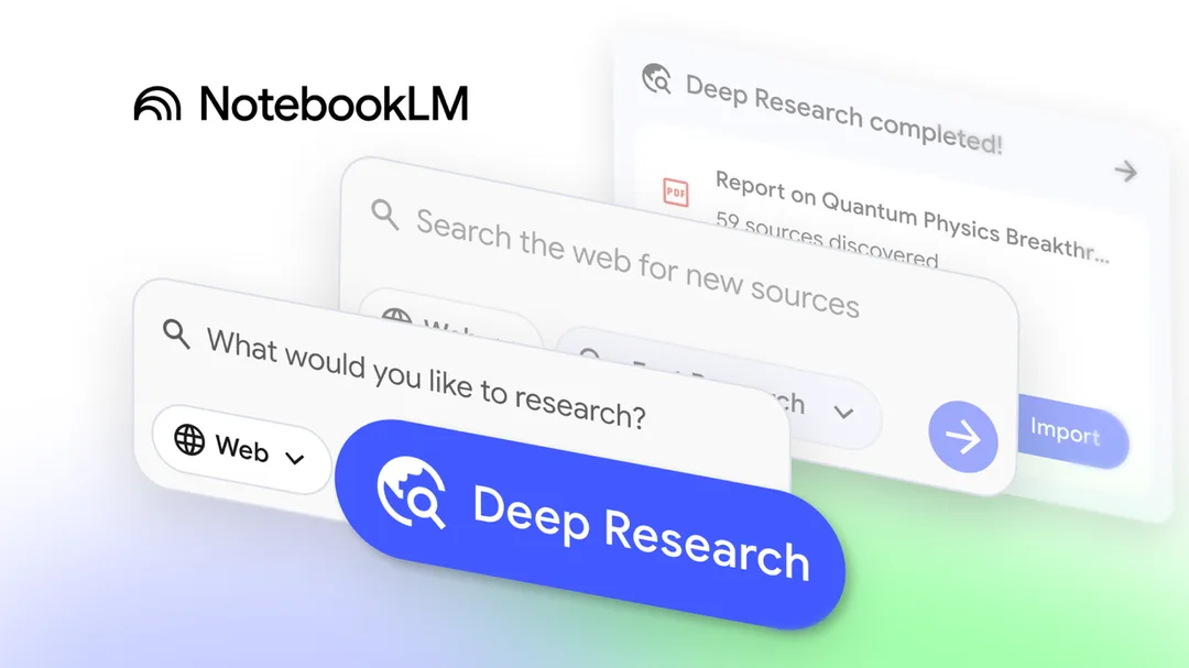 NotebookLM Deep Research 官方配圖,畫面見到搜尋新 sources 嘅介面