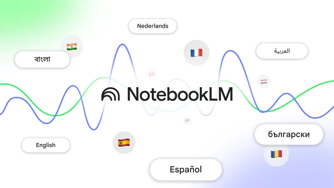 NotebookLM 多語言 Audio Overview 宣傳畫面，背景顯示多種語言選項