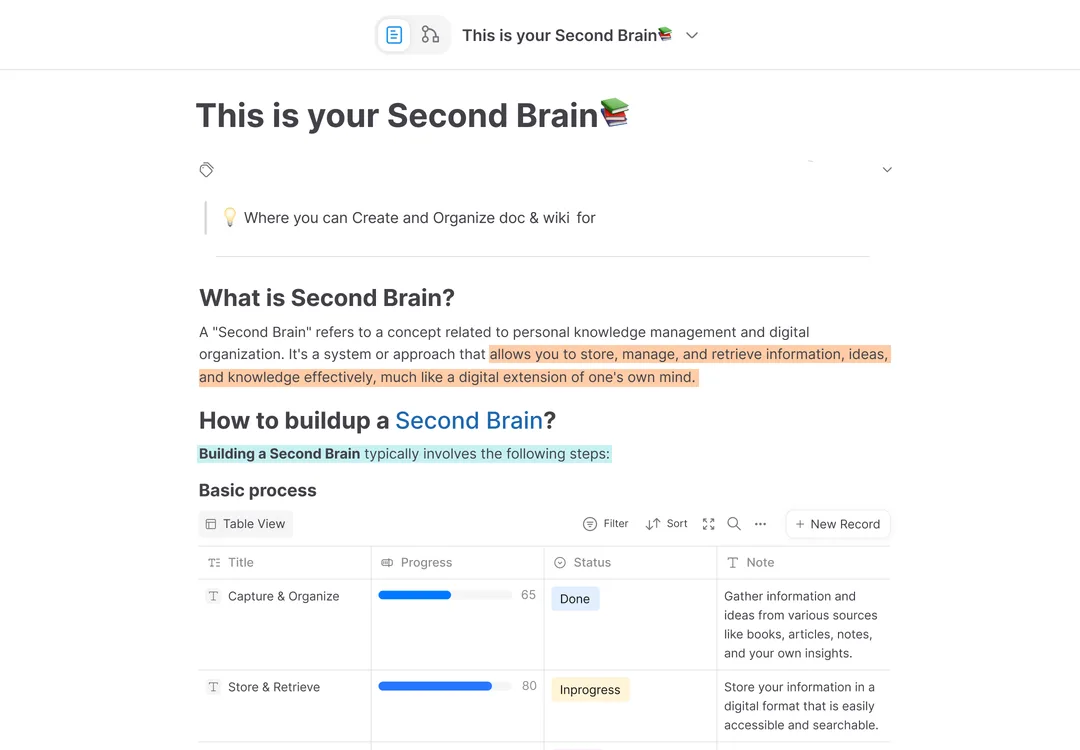 AFFiNE 官方截圖,顯示 Second Brain 文件同表格版面