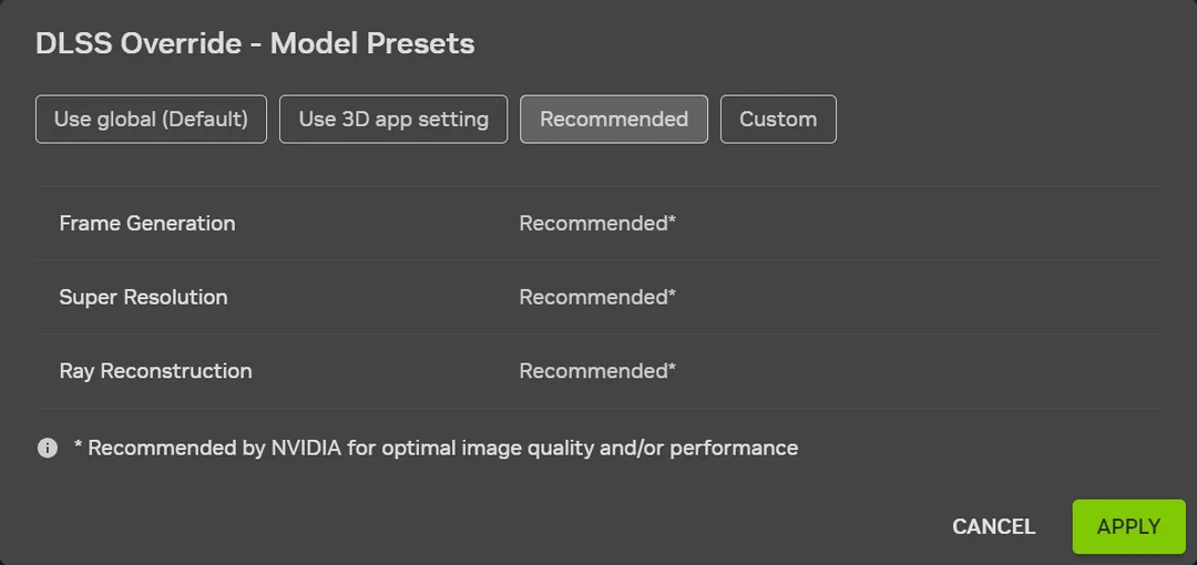 NVIDIA App 入面 DLSS Override Model Presets 揀 Recommended 嘅設定畫面