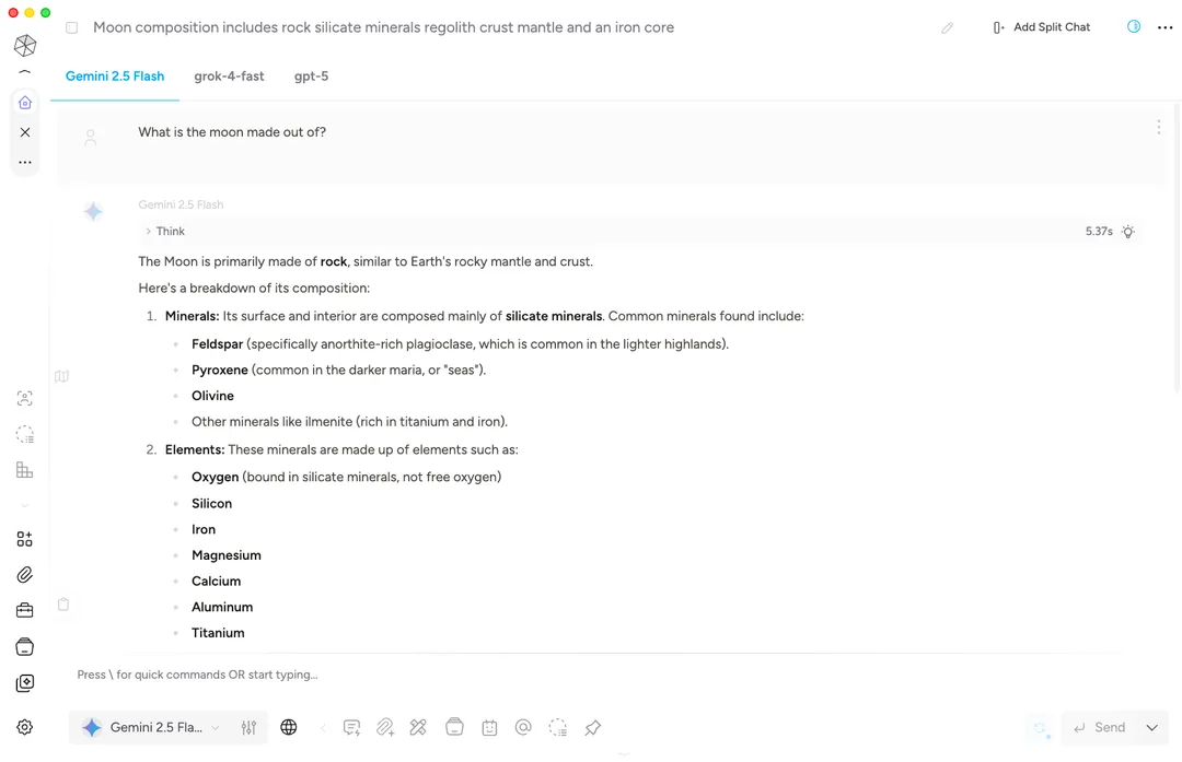 Msty Studio Split Chats 並排比較模型回答