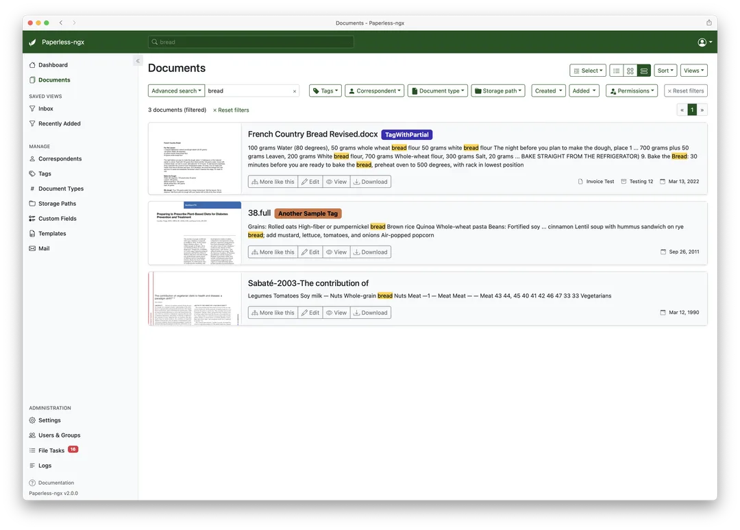 Paperless-ngx 搜尋結果畫面,列出內文命中位置同 metadata 篩選器