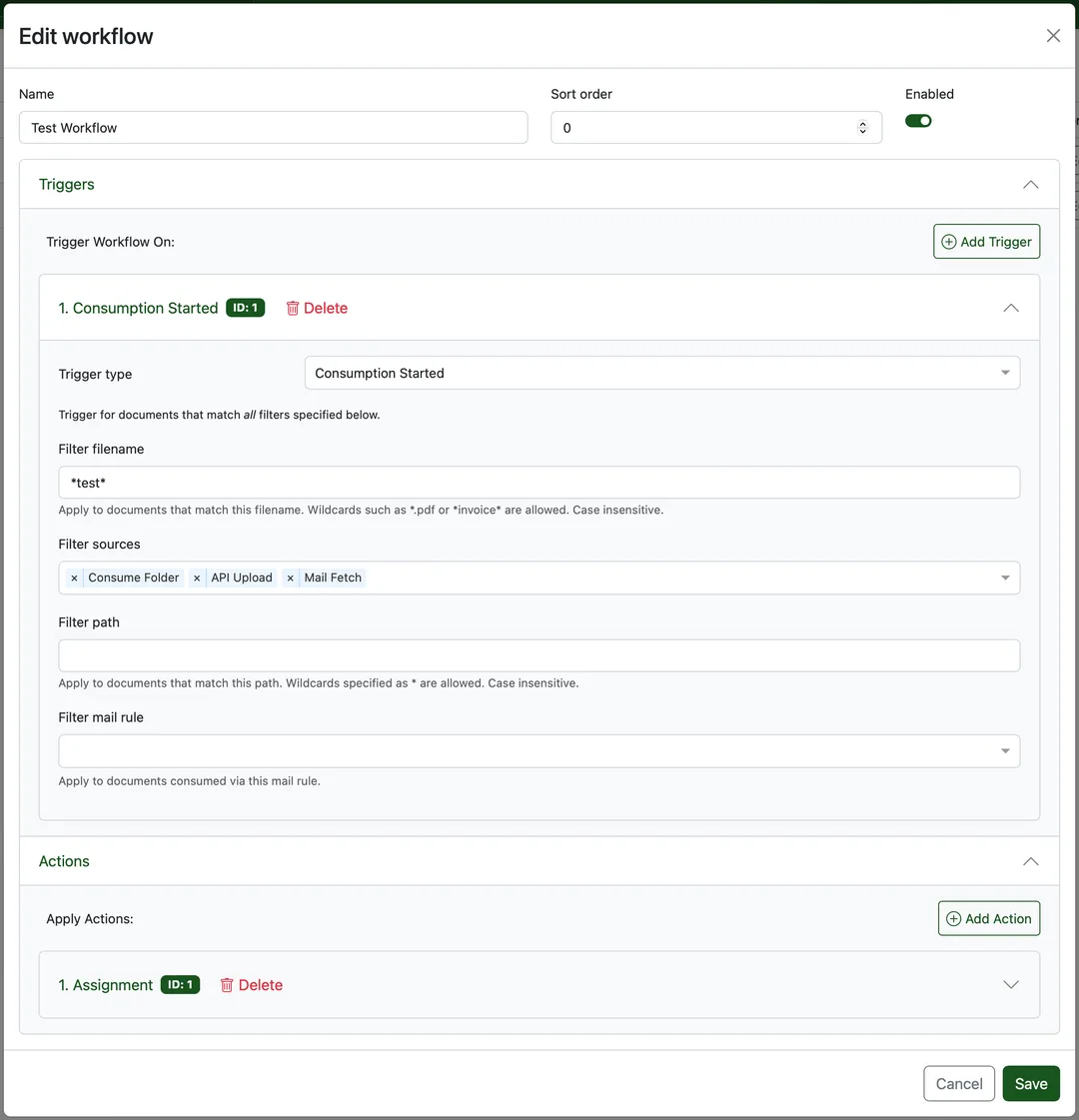 Paperless-ngx workflow 設定畫面,可按文件來源同檔名觸發分類動作