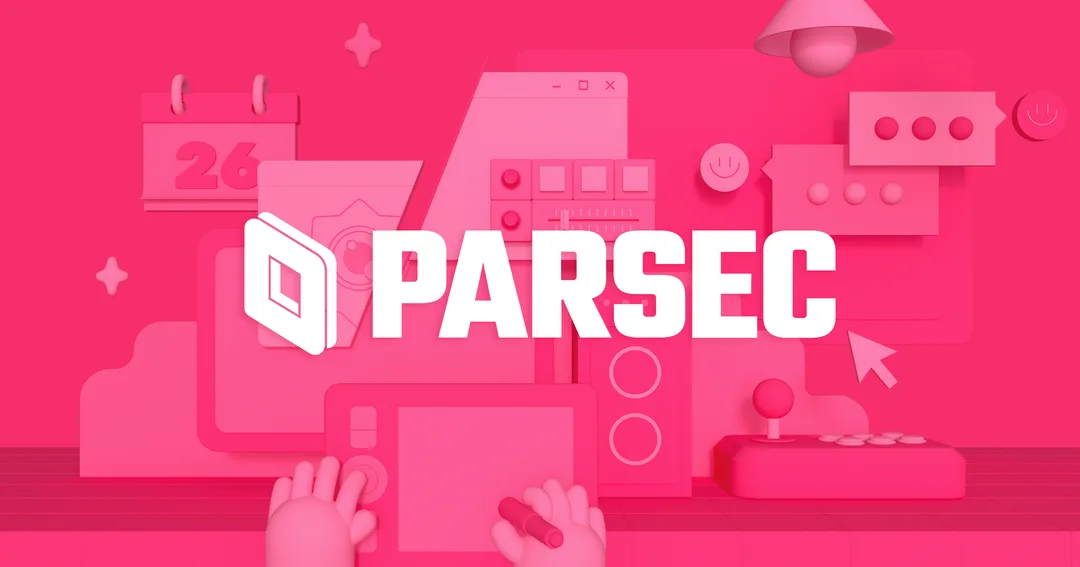 Parsec 官方粉紅色主視覺,畫面有電腦視窗、手掣同協作工具圖案