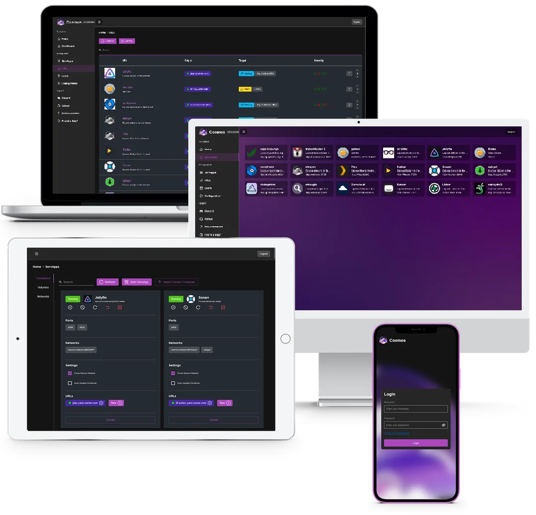 Cosmos Server 喺電腦、平板同手機上顯示 app 市集、container 管理同登入介面