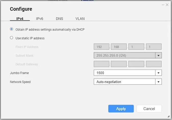 QNAP 管理介面入面設定網卡固定 IP 同 jumbo frame 嘅畫面