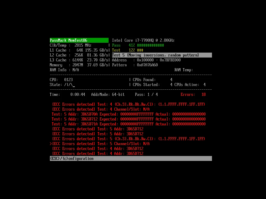 MemTest86 正喺開機環境測 RAM,畫面顯示錯誤紀錄