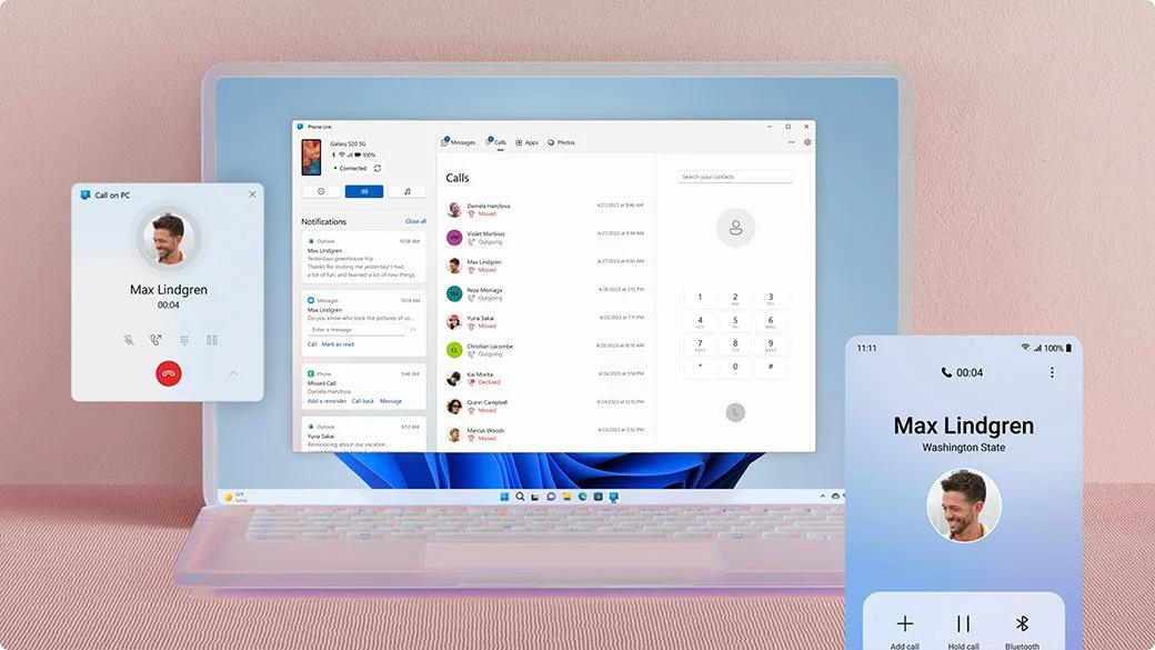 Phone Link 喺 Windows PC 接電話畫面