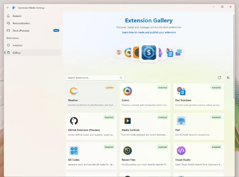 Command Palette 入面嘅 Extension Gallery，可以直接搵同安裝 extension