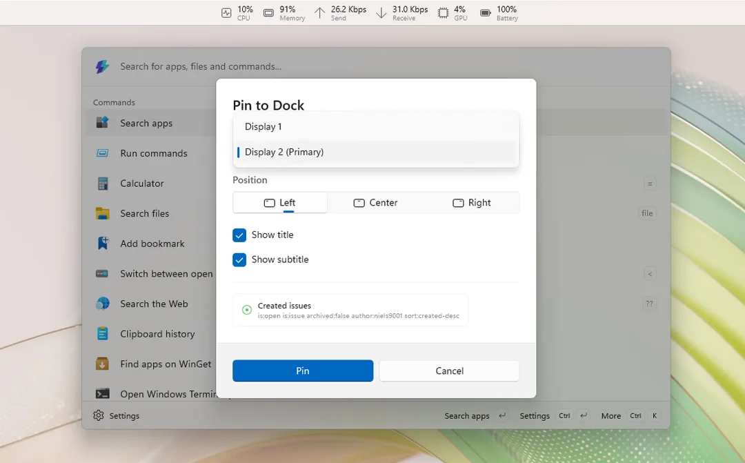PowerToys Command Palette Dock 喺多螢幕桌面顯示唔同釘選項目