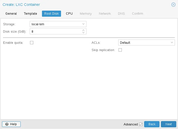 Proxmox VE 建 LXC root disk 嘅官方截圖