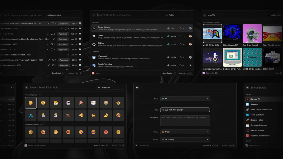 Raycast for Windows blog 入面展示 extension 集合嘅產品截圖