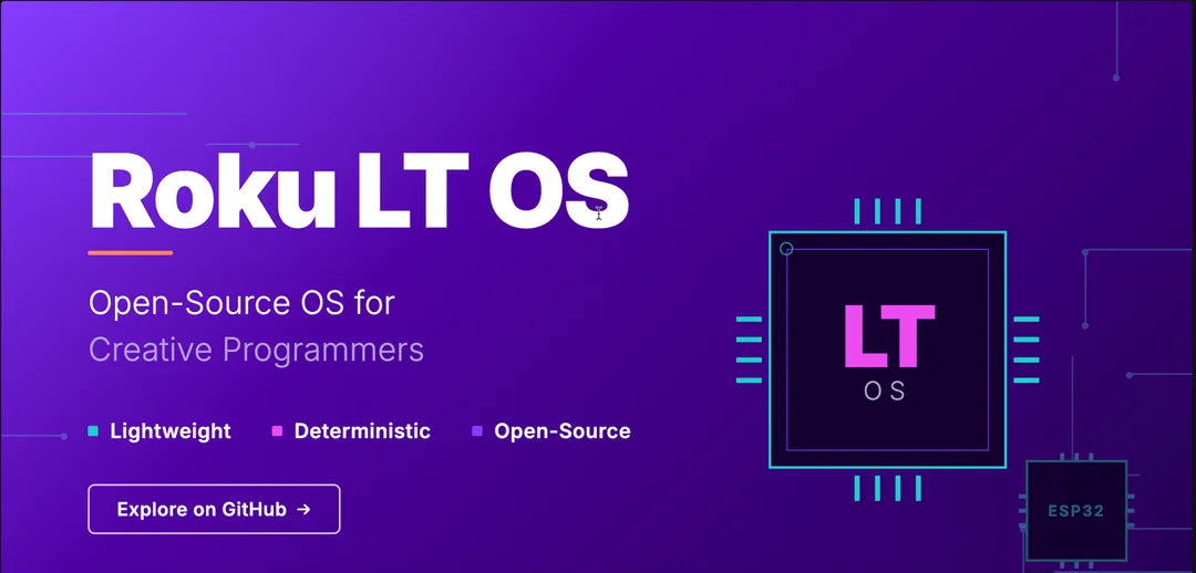 Roku LT OS 官方 hero 圖，紫色背景寫住 Open-Source OS for Creative Programmers，同 ESP32 晶片示意